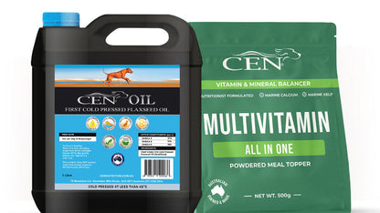 CEN 犬用生食營養套裝：1L 亞麻籽油 + 500g 綜合維他命粉